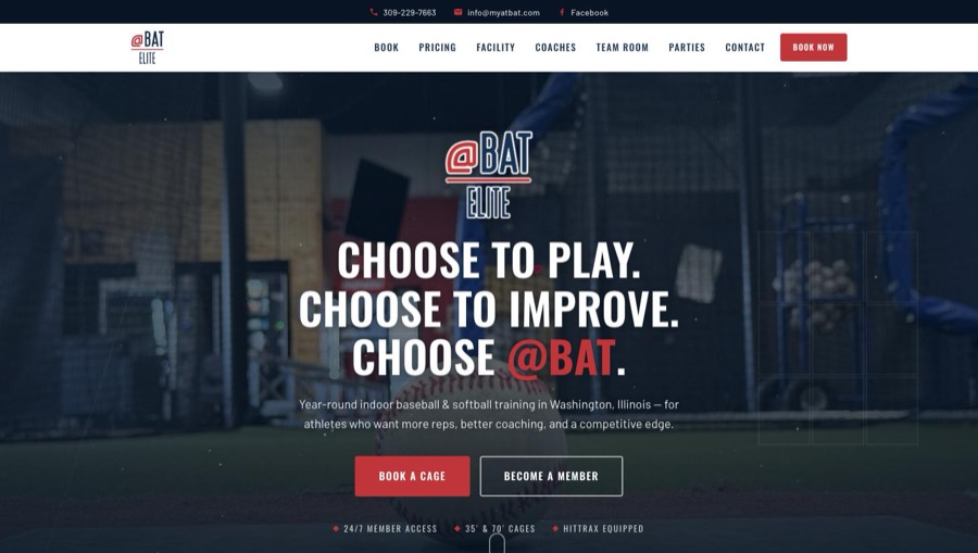 The @BAT Elite homepage — a dark hero over a batting-cage photo with the headline Choose to Play. Choose to Improve. Choose @BAT.